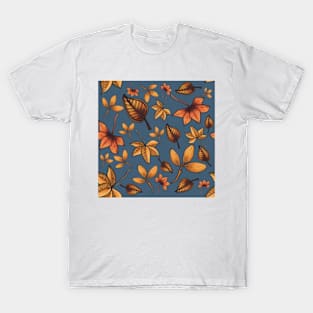 Autumn Leaves Pattern Design Blue Background T-Shirt